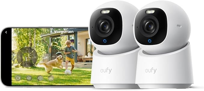 eufy Innenkamera E30, 2er-Pack, 4K UHD-Überwachungskamera innen, Haustier-/Babykamera mit Phone-App, Auto-Tracking Mensch/Tier, Farb-Nachtsicht, 360° Schwenken & Neigen, Unterstützt Homekit