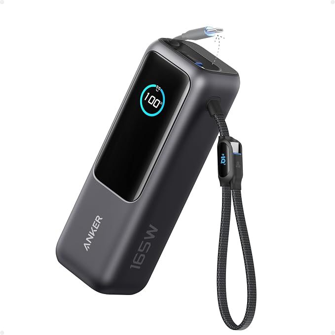 Anker Laptop-Power Bank 25000 mAh, draagbare oplader, met drie USB-C-poorten, 100 W, voor het opladen van meerdere apparaten, geïntegreerde en intrekbare kabel, voor iPhone 17 Pro Max/Serie 16-12