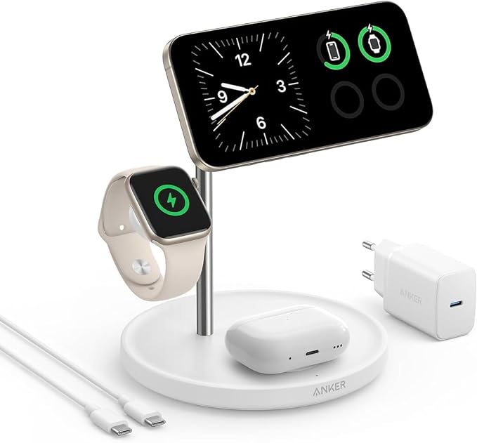 Anker MagGo, 3-in-1 draadloos oplaadstation, Qi2-gecertificeerd, draadloze 15W-oplaadstandaard voor MagSafe, voor iPhone-series 13/14/15, AirPods Pro, Apple Watch Ultra (incl. USB-oplader en -kabel)