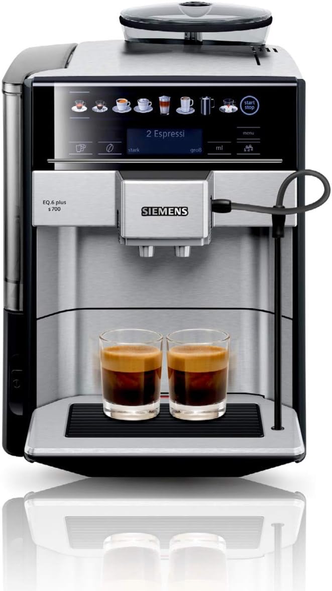 Siemens Volautomatische koffiemachine EQ.6 plus s700 TE657503DE, voor vele koffiespecialiteiten, melkschuimmondstuk, keramische molen, dubbele kopfunctie, anti-kalkaanslag, automatische stoomreiniging, 1500 W, roestvrij staal