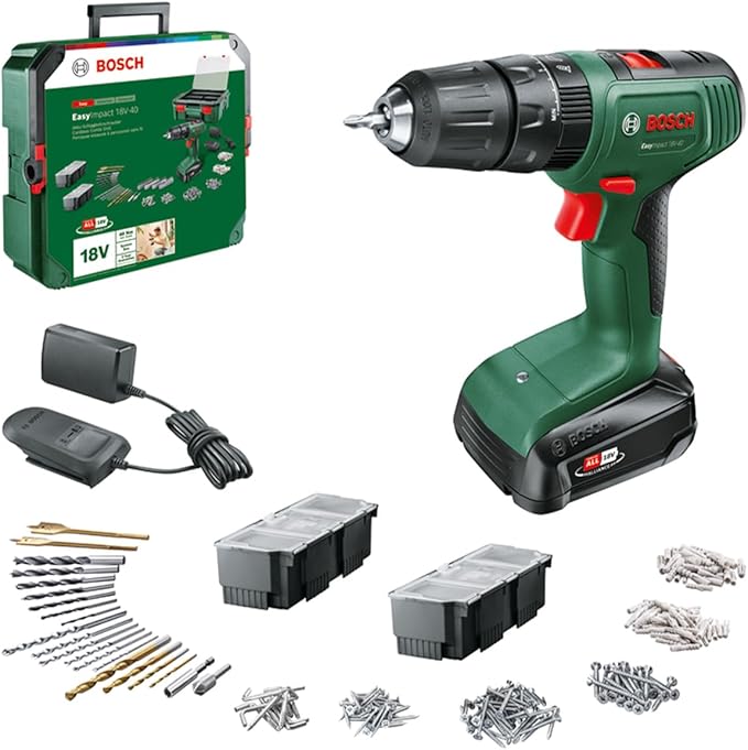Bosch Home and Garden accuboorhamer EasyImpact 18V-40 (schroeven, boren in hout, metaal en kunststof; klopboren in metselwerk; 241-delige bitset; 1 accu 1,5 Ah; 18 Volt System; in SystemBox)