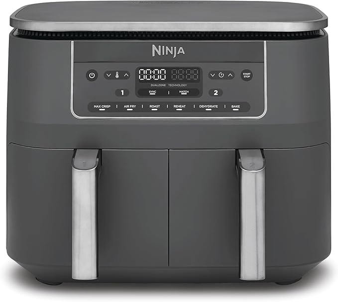 Ninja Dual Zone digitale airfryer, twee lades, 7.6L, 6-in-1, gebruikt geen olie, Airfryen, Max Crisp, Braden, Bakken, Opwarmen, Drogen, antiaanbaklaag, manden voor vaatwasser, Gunmetalgrijs DZ300EU