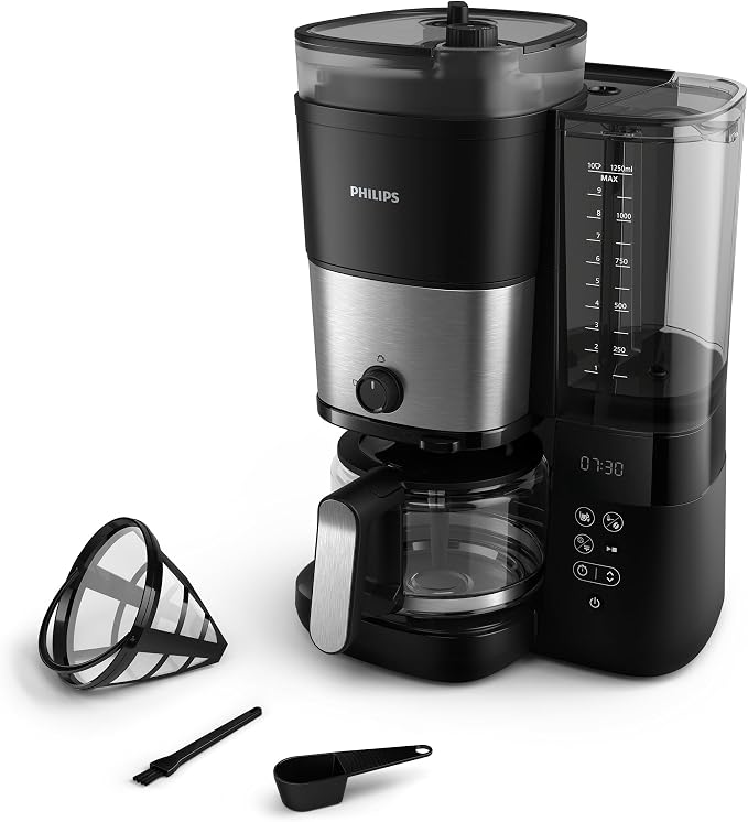 Philips Alles-in-1 filterkoffiezetapparaat, geïntegreerde conische molen voor verse bonen, bereid in een glazen kan van 1,25 liter of rechtstreeks in een kopje, intensiteitsselectie (HD7900/50)
