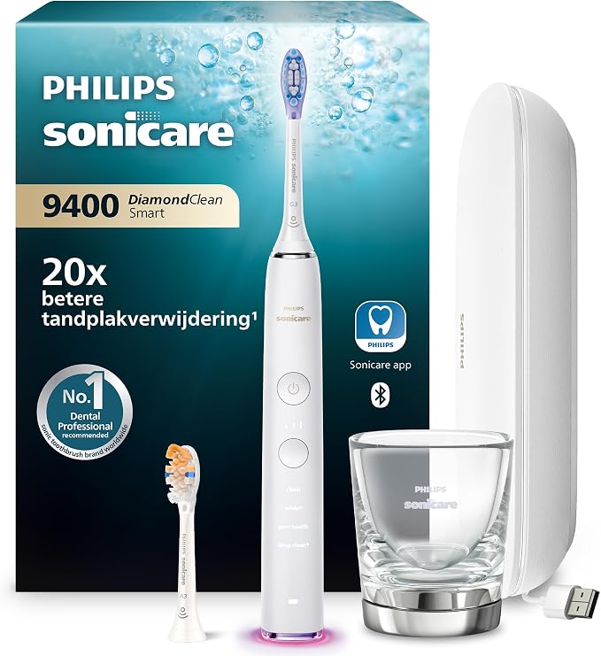 Philips Sonicare DiamondClean Smart 9400 elektrische tandenborstel, sonische tandenborstel met app, druksensor, opzetborsteldetectie, 4 poetsmodi en 3 intensiteitsniveaus, wit, model HX9917/88