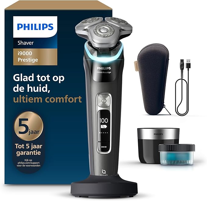 Philips Shaver i9000 Prestige, elektrisch scheerapparaat voor nat en droog gebruik, Skin IQ-technologie, Triple Lift & Cut-systeem, roterende DualSteel Precision-mesjes, Quick Clean Pod, XP9207/30