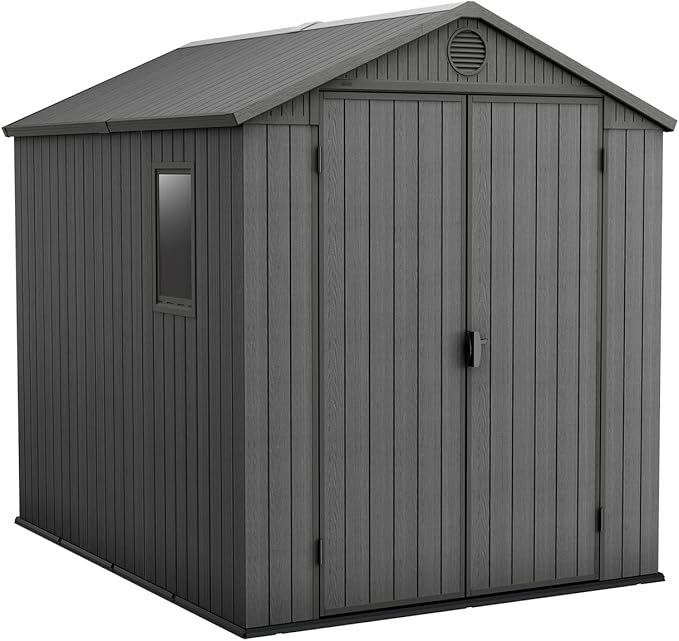 Keter Darwin Outdoor Apex Dubbele Deur Tuinopslag Schuur 1,8 x 2,4 m Grijs Evotech+ Houtlook & Feel | Vervaagvrij | Alle Weerbestendig | Veilig en veilig | Geen onderhoud | 15 jaar garantie