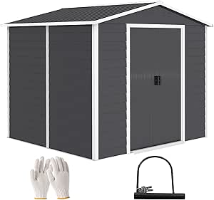 Outsunny Tuinschuur 4,4 m², Tuinhuis met Zadeldak, Schuifdeur, Fundering, Eenvoudige Montage 240 x 206 x 198 cm, Tuinschuur van Verzinkt Staal, Weerbestendig, voor Tuin, Donkergrijs