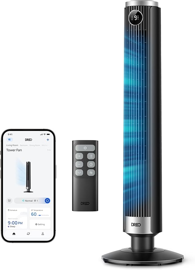 DREO Smart 102-114 cm torenventilator voor de slaapkamer, in hoogte verstelbaar, 8,4 m/s, DC-motor, 9 standen, 4 modi, 90°-oscillatie, staande ventilator, 20 dB stil, 12-uurs timer voor thuis en op