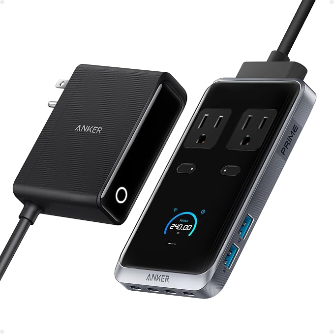 Anker Prime laadstation, 240 W Max 8-in-1 USB C-stekkerdoos voor iPhone 15-serie, 1,5 m afneembaar verlengsnoer, 2 AC, 4 USB-C, 2 USB A, stroomvoorziening desktopaccessoire voor MacBook, Thuis