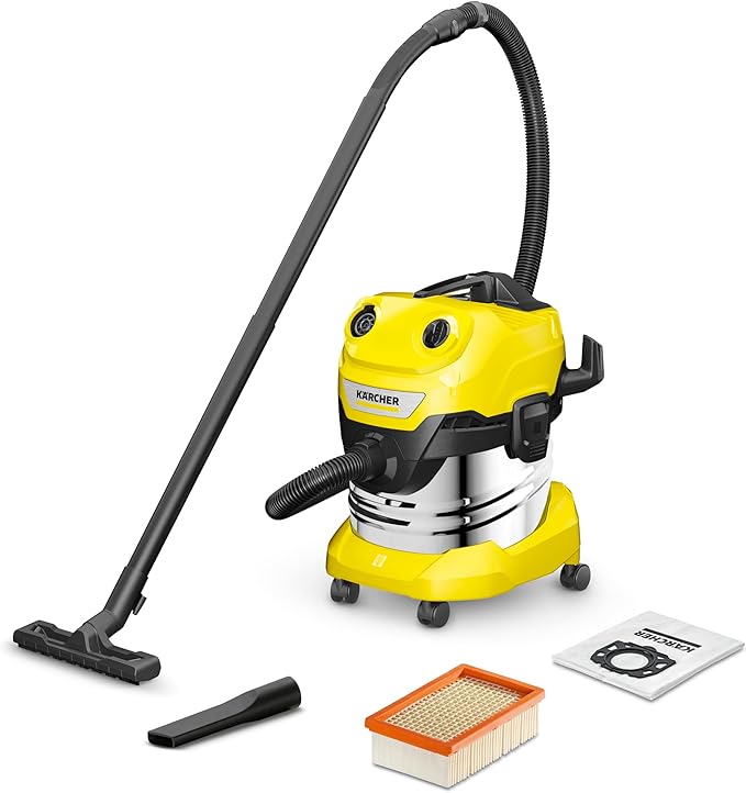 Kärcher WD 4 S V-20/5/22 nat- en droogzuiger, 20 l roestvrijstalen reservoir, 1000 W, 5 m kabel, 2,2 m zuigslang, clip-vloerzuigmond, Pull & Push"-sluitsysteem, geel