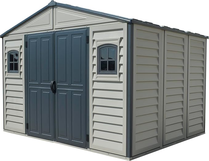 Duramax Woodbridge II 10,5 x 8 Plus kunststof tuinschuur met metalen funderingsset en 2 vast raam, Adobe/donkergrijs