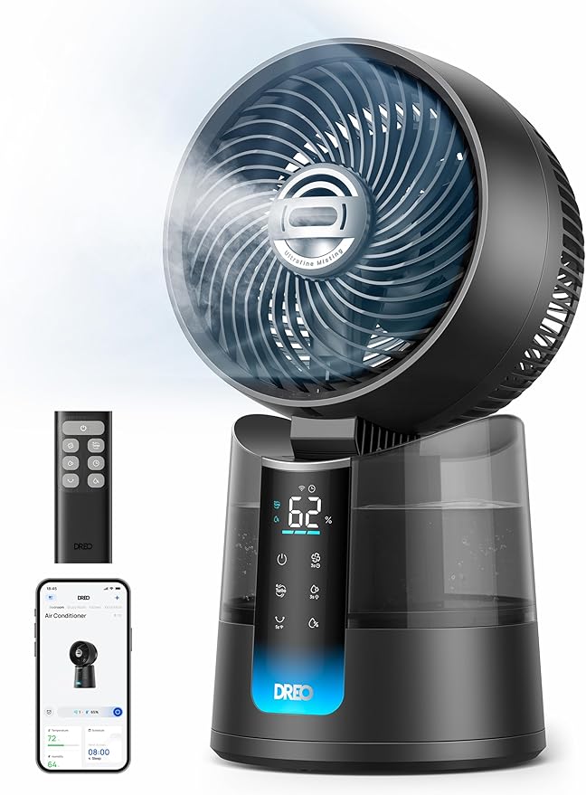 DREO TurboCool 516S Tafelventilator met 150° + 30° oscillatie, verdampingskoeler, 7,9 m/s, ultrafijne nevel, 20 dB stil, 6 snelheden, 2 modi, app- en afstandsbediening, RGB, grijs