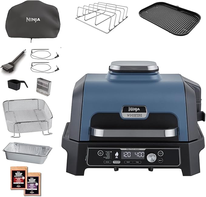 Ninja Woodfire Pro Connect XL Elektrische BBQ Grill & Rookoven met Appbediening, 2 Digitale Sondes, Deksel, Voering & Schoonmaakborstel, Grote 7-in-1 Buitengrill & Airfryer, OG901EUAMZ