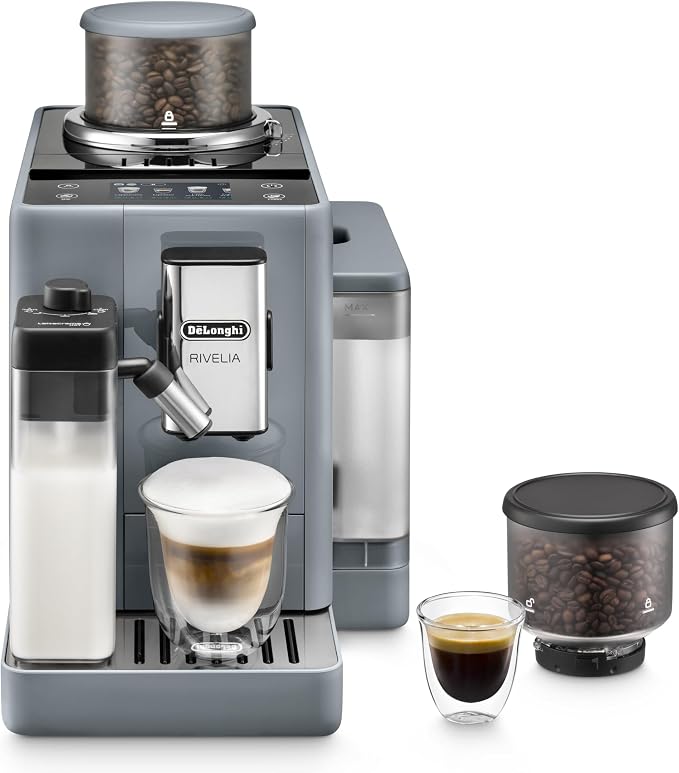 De'Longhi Rivelia EXAM440.55.G Volautomatische koffiemachine met LatteCrema Hot Automatische melkopschuimer, compact formaat, 16 recepten, touchscreen, grijs