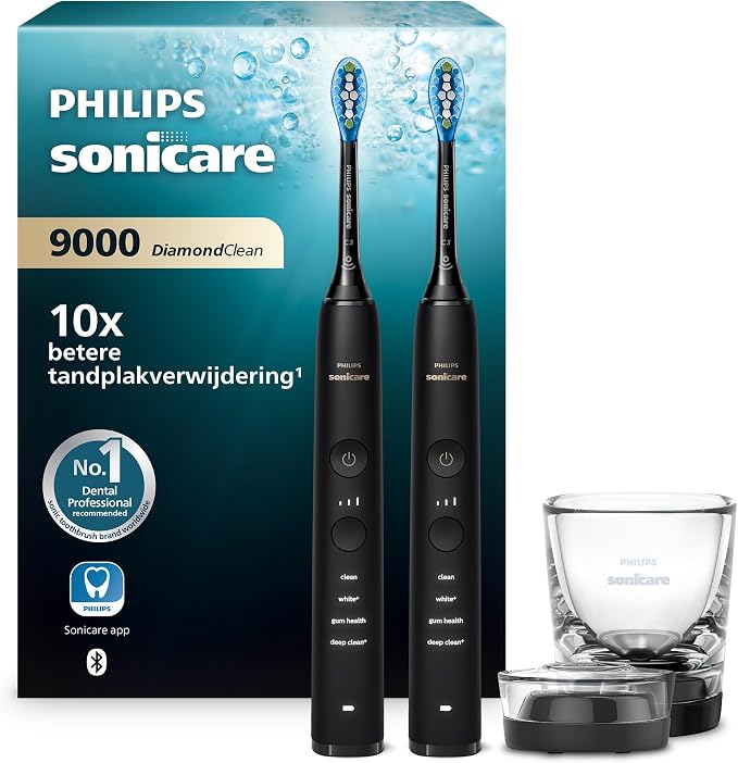 Philips Sonicare DiamondClean 9000 elektrische tandenborstel, sonische tandenborstel met app, druksensor, 4 poetsstanden, 3 intensiteitsniveaus, oplaadglas, zwart, dubbelverpakking, model HX9914/54