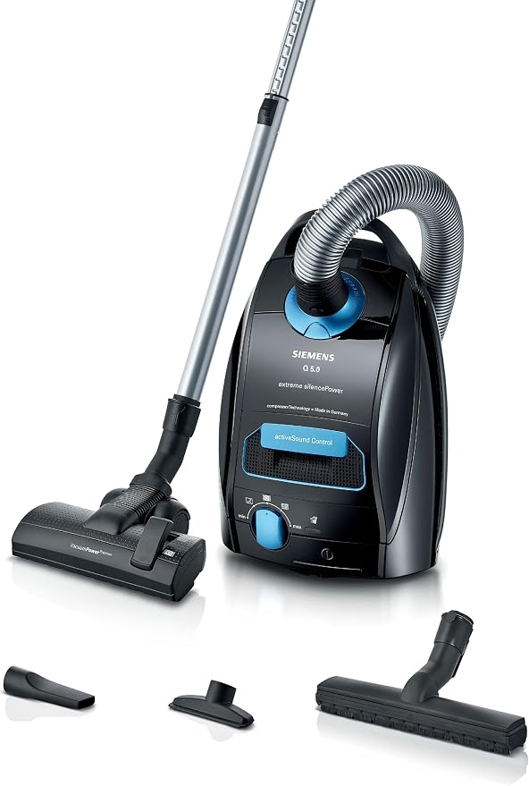 Siemens Stofzuiger met zak Q5.0 Extreme SilencePower VSQ5X1232, voor mensen met allergieën, hygiënefilter, sterk zuigvermogen: parket, tapijt, tegels, lange kabel, Made in Germany, 850 W, zwart
