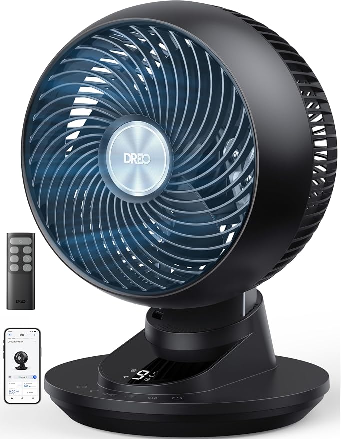 Dreo - 3D-oscillerende kamerventilator, krachtige tafelventilator met 8,8 m/s bij 22 dB stil, 90° oscillatie, intelligente app/spraakbediening, 9 snelheden en