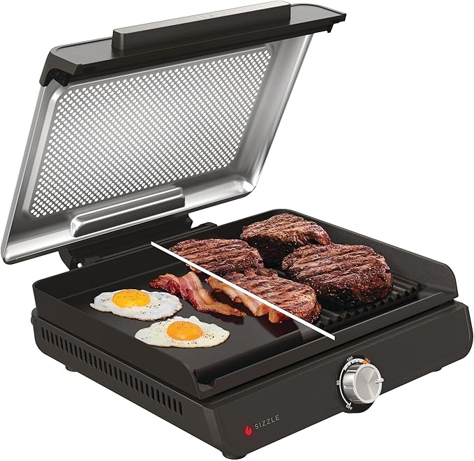 Ninja Sizzle Elektrische Indoor Grill & Platte Grillplaat met Anti-aanbak Grillplaat & Platte Bovenplaat, Afneembaar Deksel Vaatwasmachinebestendig, Vetopvang, Temperatuurknop & Receptengids, GR101EU