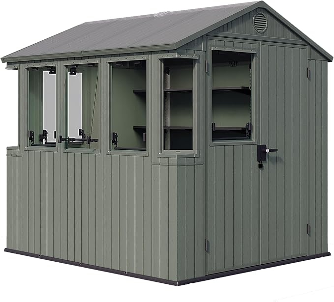 Keter Darwin Tuinkas - 244x221x190cm - Groen | Hybride dak voor licht en schaduw | 5 openslaande ramen + 2 vast | Inclusief 2 planken van 160 cm | Evotech+TM Houtlook Hars | Afsluitbaar