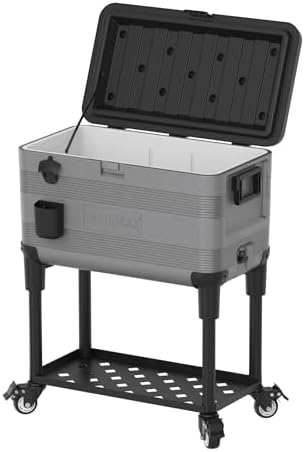 Duramax 70 liter Patio koelbox, drankkaart, krachtige koelbox met PU-isolatie, koelbox met ergonomische handgrepen en wielen voor eenvoudige mobiliteit en bediening, extra opbergvak, koudgrijs