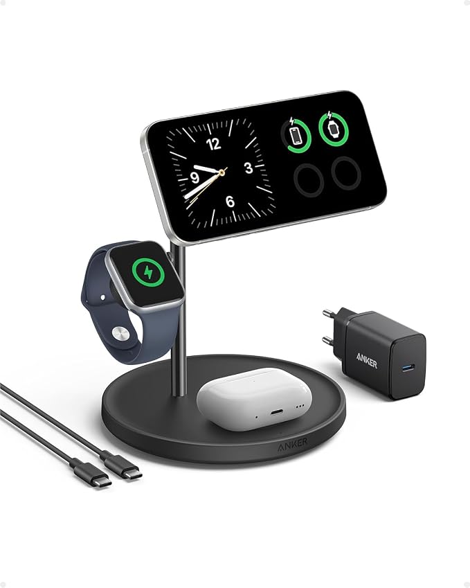 Anker MagGo, 3-in-1 draadloos oplaadstation, Qi2-gecertificeerd, draadloze 15W-oplaadstandaard voor MagSafe, voor iPhone-series 13/14/15, AirPods Pro, Apple Watch Ultra (incl. USB-oplader en -kabel)