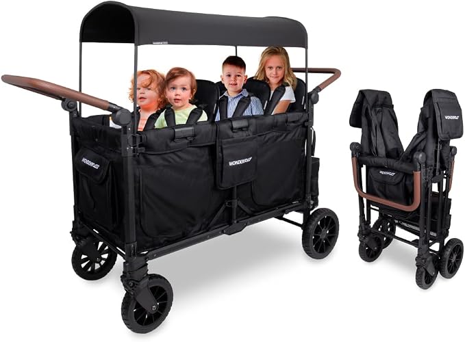 WONDERFOLD W6 Luxe Pro wandelwagen (6-zits) - Opvouwbare wagon kinderwagen met stoelen met 5-punts veiligheidsharnassen en verstelbare zonnekap, zwart