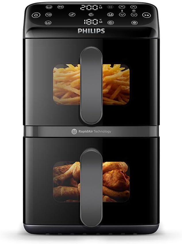 Philips 4000 Series Gestapelde Dubbele Mand Airfryer 10L – RapidAir-technologie, Sync functie, 2 Maaltijden tegelijk, 45% Minder Aanrechtruimte, PFAS-vrije Keramische Coating, Kijkvenster (NA460/00)