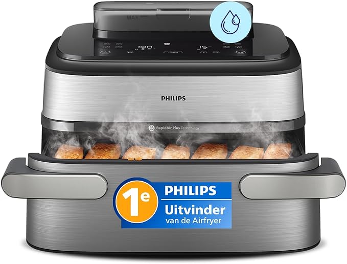 Philips Airfryer 5000 Series Megabasket met Stoom - Steamfry, Stomen & Airfryen - 28 Bereidingswijzen; 9,5L in Megabasket of 3L + 6L Dual Basket, RapidAir Plus, Auto SteamClean (NA565/00)