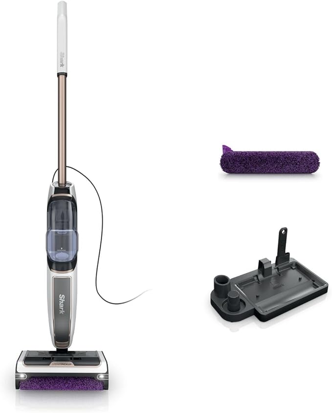 Shark SteamPickUp 3-in-1 Stoommop voor Harde Vloeren, Chemicaliënvrij, Reinigt & Scheidt Nat & Droog Vuil, 420ml Inhoud, Inc. Extra Borstelrol, Opbergstation & Borstelrolhouder, Wit SD200EU