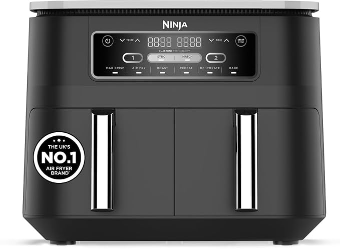 Ninja Foodi Digitale luchtfriteuse met twee zones, 2 laden, 7,6 l, 6-in-1, geen olie, luchtfriteuse, maximale knapperige prestaties, braden, bakken, opwarmen, dehydreren, koken 4-6 porties, anti-adh