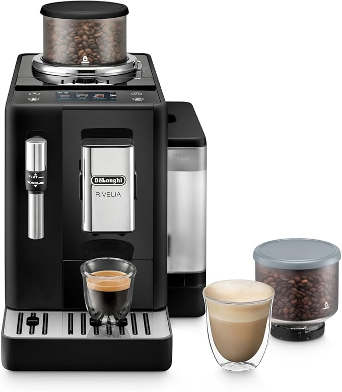 De'Longhi Rivelia EXAM440.35.B, Volautomatische Koffiemachine met Melkopschuimer, Verwisselbaar Bonenreservoir, 8 Recepten, Kleuren Touch Display, Zwart
