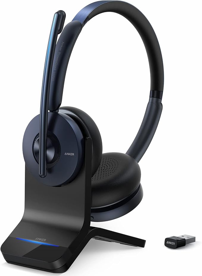 Anker PowerConf H700 met oplaadstandaard, bluetooth-headset met microfoon, actieve ruisonderdrukking, opnemen en uitschrijven, betere gesprekken met AI, compatibel met vergaderplatforms