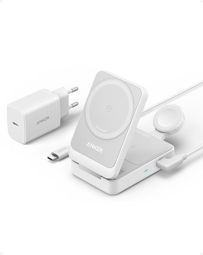 Anker MagGo 3-in-1 oplaadstation, Qi2-gecertificeerd, draadloze MagSafe-oplaadstandaard van 15 W, Apple Watch-oplader voor MagSafe, voor iPhone 14/15, AirPods, Apple Watch 9 (incl. 40W-USB-C-oplader)