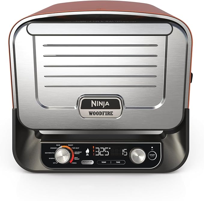 Ninja Woodfire Buitenoven, 8-in-1 Pizzaoven, High-Heat Braadrooster & BBQ Smoker, Braadrek, Pro-Heat Tray, Pizzasteen, Houtpellets & Schep, Elektrisch, 6 Pizza-instellingen, Gebrand Oranje, OO101EU