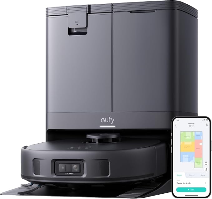 eufy X10 Pro Omni robotstofzuiger en dweil met 8000 Pa zuigkracht, twee dweilen die 12 mm kunnen worden opgetild, tapijtdetectie, AI-obstakelvermijding, wast en droogt de dweil, zelflegend en -vullend
