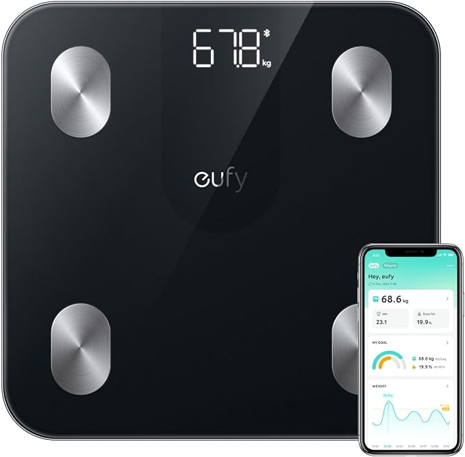 eufy Weegschaal voor lichaamsgewicht, digitale badkamerweegschaal met bluetooth, lichaamsvetweegschaal, 12 metingen, gewicht/lichaamsvet/BMI, fitness lichaamssamenstellingsanalyse, zwart, lbs/kg