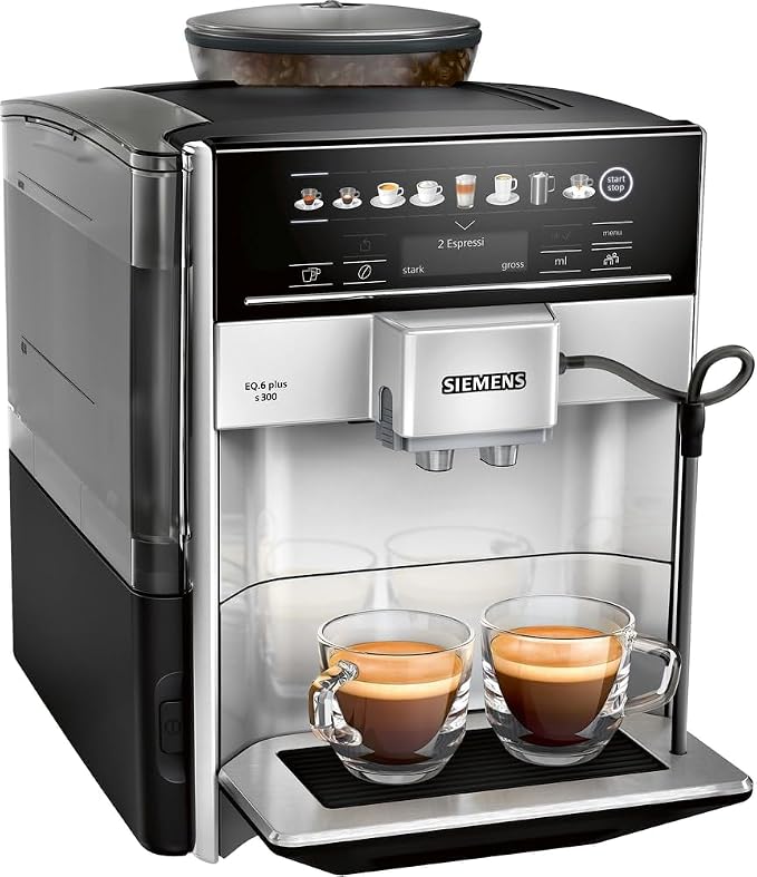 Siemens Volautomatische koffiemachine EQ.6 plus s300 TE653501DE, voor vele koffiespecialiteiten, melkopschuimmondstuk, keramische molen, dubbele kopfunctie, antikalk, automatische stoomreiniging, 1500 W, zilver, grijs