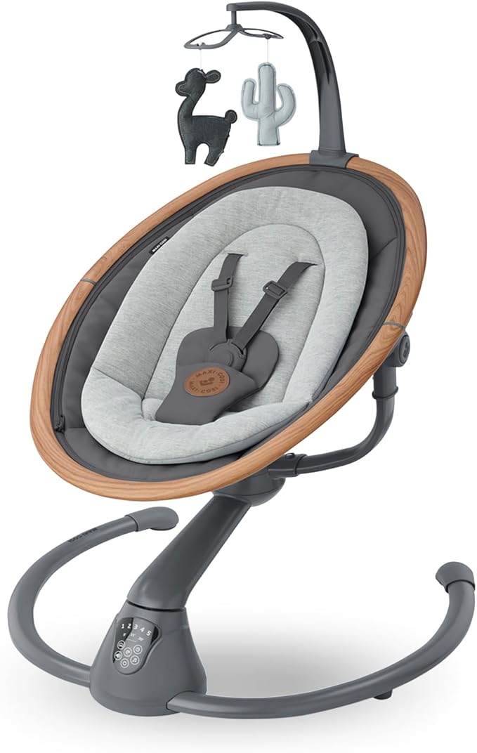 Maxi-Cosi Cassia Elektrische babyswing, 0 - 6 maanden, max. 9 kg, Babywipstoel, 12 melodieën, 360° draaibaar zitje, automatische bewegingsdetectie, 5 snelheden, 2 ligstanden, Essential Graphite