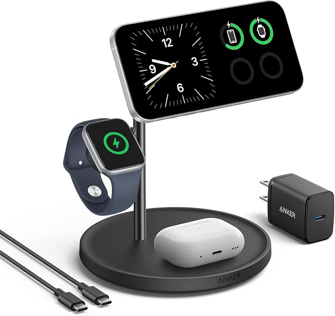 Anker MagSafe Draadloos laadstation, compatibel met MagGo, 3-in-1 draadloos laadstation voor iPhone S15/14/13/12, AirPods, Apple Watch (USB-C-oplader en kabel inbegrepen)