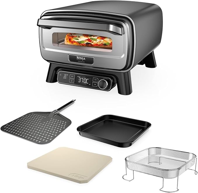 Ninja Artisan Electric Outdoor Pizza Oven & Air Fryer, 4 functies: Pizza, Airfryen, Bakken en Rijzen, 5 pizza-instellingen, met pizzasteen van 30 cm, pizzaschep, bakplaat en airfry-mand, grijs MO201EU