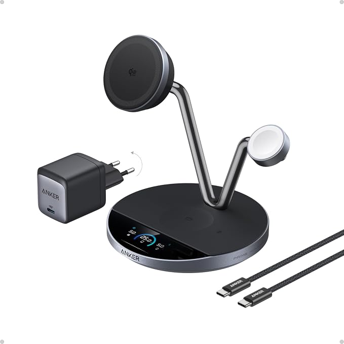 Anker Prime MagSafe-compatibele 3-in-1 oplader, Qi2 25 W gecertificeerd draadloos laadstation met Smart Display en TEC-actieve koeling, voor iPhone 17, Apple Watch, AirPods en meer