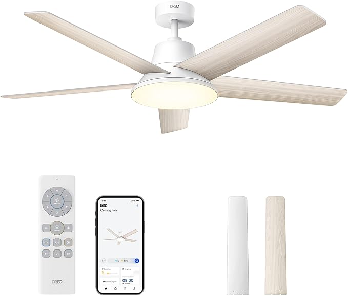 Dreo Smart Plafondventilator met licht, 132 cm, 12 snelheden, 3 modi, dimbare led met instelbare kleurtemperatuur, stille DC-motor, 12-uurs timer, app en Alexa-bediening, wit