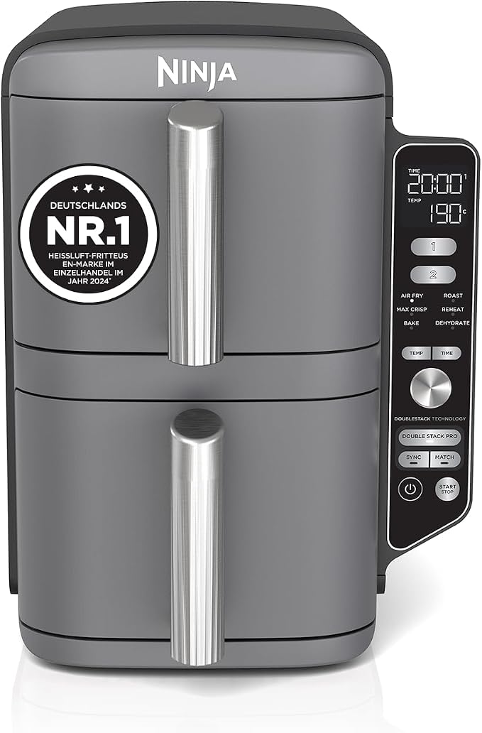 Ninja Double Stack XL Air Fryer, Verticale Dubbele Lade, 4 Kookniveaus, 2 Laden en 2 Rekken, Ruimtebesparend Ontwerp, 9,5L Capaciteit, 6 Functies, 8 Porties, Grijs SL400EU