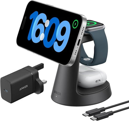 Anker MagGo 3-in-1 15W MagSafe kompatibles Ladegerät, iPhone Induktive Ladestation, Qi2-zertifiziert Wireless Charger für iPhone 16/15/14/13/12, Apple Watch, AirPods Pro und mehr (Adapter inkl.)
