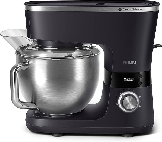 Philips 7000 Series Keukenmachine - 5,5 Liter, 1000 Watt, 8 Snelheidsstanden, ProKnead-Technologie, Recepten, LED Slimme Timer, Deeghaken, Garde en Klopper (HR7962/01)