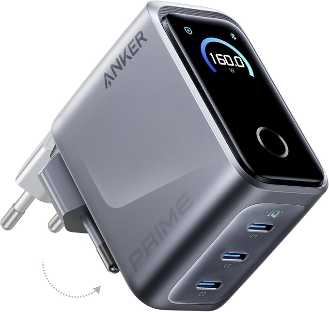 Anker Prime 160W USB C Charger, Compact GaN USB-C Charging Block with 3 Ports, Smart Display, Touch Control, Ultra Fast 140W Charging at 1 Port, for Laptop, MacBook, iPad, iPhone 17/16/15 and More