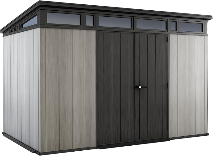 Keter Kunststof gereedschapsschuur 11 x 7 – weerbestendig tuinhuis met bodem, dubbele deuren en ramen, fietsschuur, ideaal voor outdoor-gereedschapsschuur, 342 x 218 x 226 cm