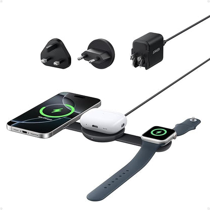 Draadloos laadstation 3-in-1 Anker MagGo 15 W, compatibel met MagSafe, Qi2-gecertificeerd, opvouwbaar en draagbaar voor iPhone 16/15/14/13, AirPods, Apple Watch en meer (USB-C-oplader meegeleverd)