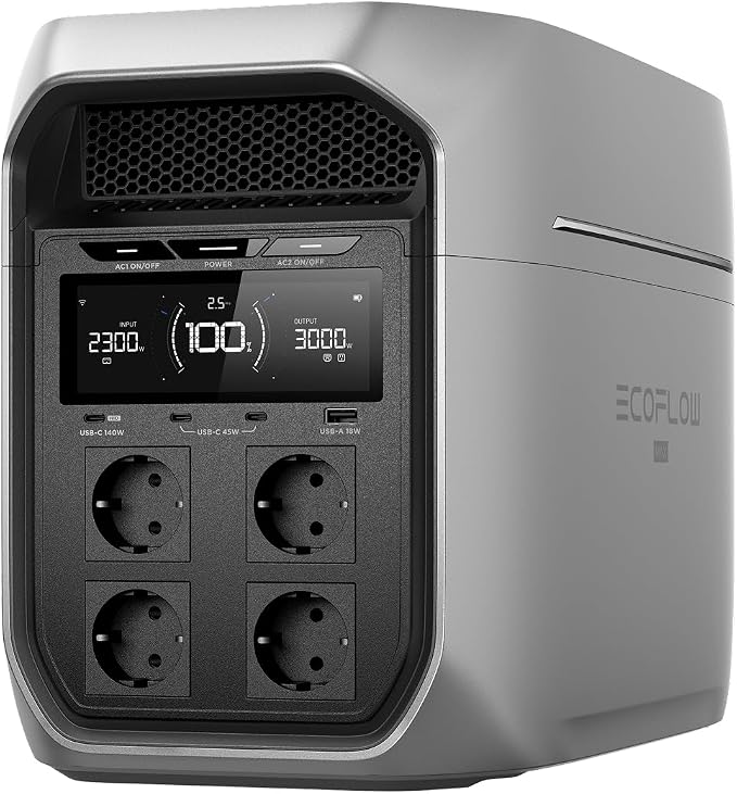 Ecoflow Delta 3 Max Plus Draagbaar powerstation, 2048 Wh, uitbreidbaar tot 10 kWh, 3000 W AC-uitgang, 0-80% lading in 47 minuten, LiFePO4-batterij, 10 ms USV-backup, zonne-energie voor thuis, camping