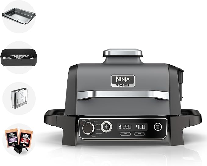Ninja OG701UK Woodfire Electric BBQ Grill & Smoker, 7-in-1 Outdoor Grill & Air Fryer, Roast, Bake, Dehydraten, Gebruik Woodfire Pellets, Weerbestendig, Non-Stick, Draagbaar, Electric, Grijs/Zwart